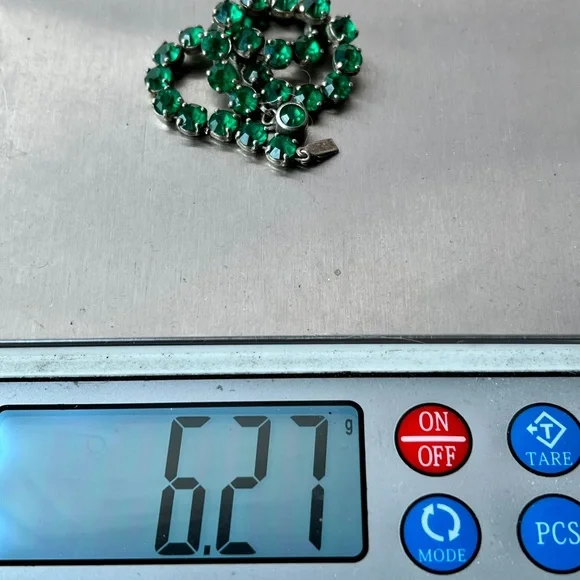 VINTAGE ART DECO STERLING SILVER EMERALD GREEN RHINESTONES TENNIS BRACELET
